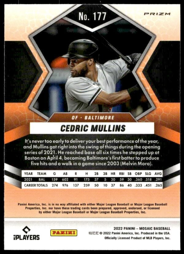 2022 Panini Mosaic Cedric Mullins Mosaic Prizm #177 (Back)