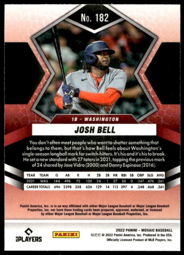 2022 Panini Mosaic Josh Bell #182 (Back)