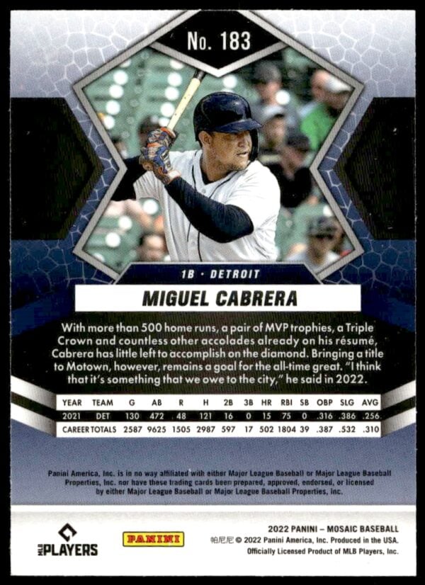 2022 Panini Mosaic Miguel Cabrera #183 (Back)