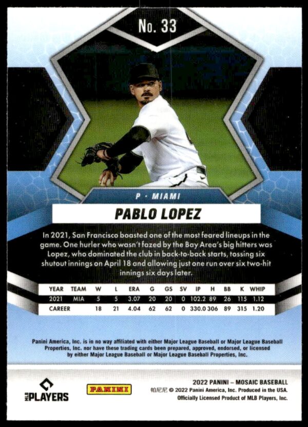 2022 Panini Mosaic Pablo Lopez #33 (Back)