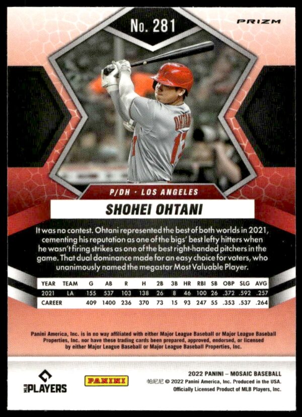 2022 Panini Mosaic Shohei Ohtani Mosaic Prizm #281 (Back)