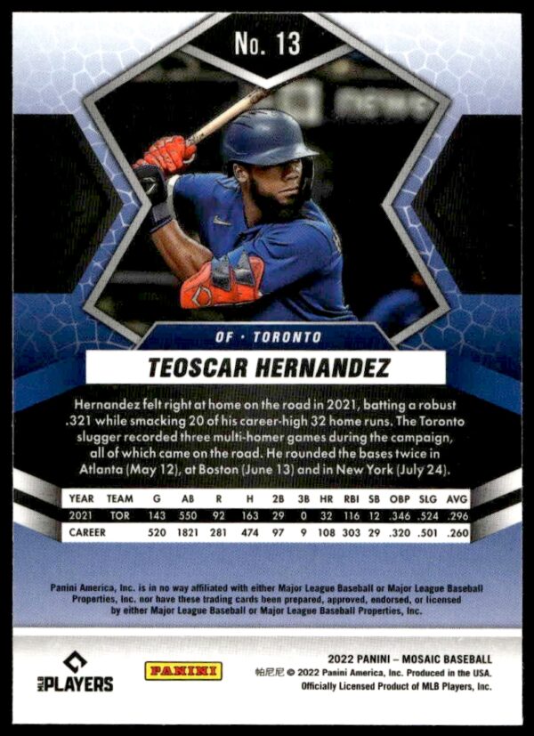 2022 Panini Mosaic Teoscar Hernandez #13 (Back)