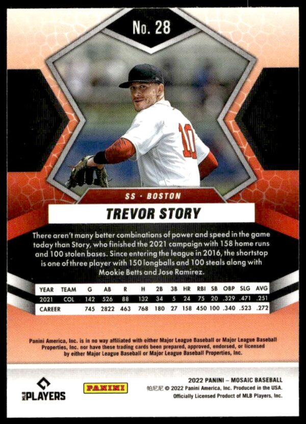 2022 Panini Mosaic Trevor Story #28 (Back)