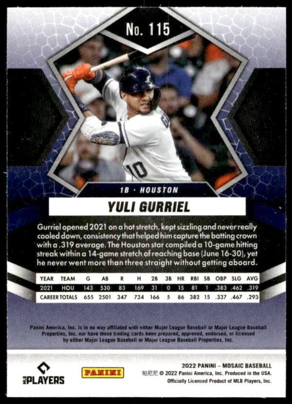 2022 Panini Mosaic Yuli Gurriel #115 (Back)