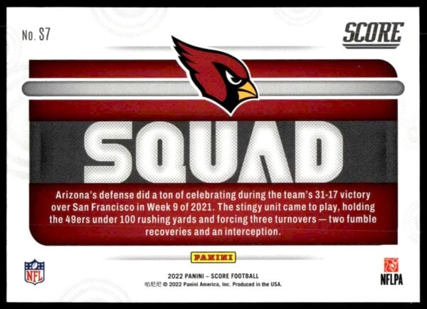 2022 Panini Score Arizona Cardinals Squad #S7 (Back)