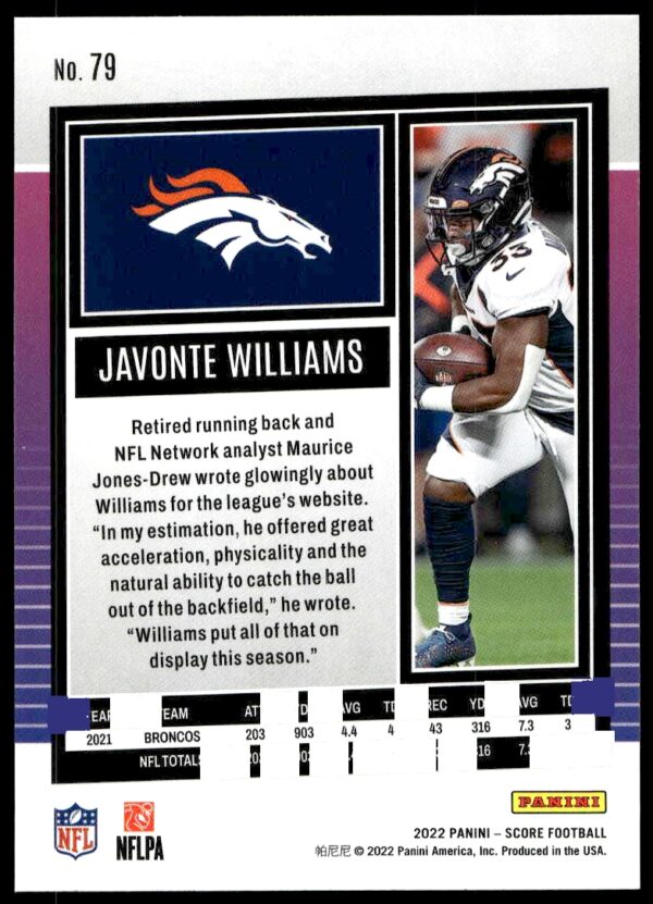 2022 Panini Score Javonte Williams #79 (Back)