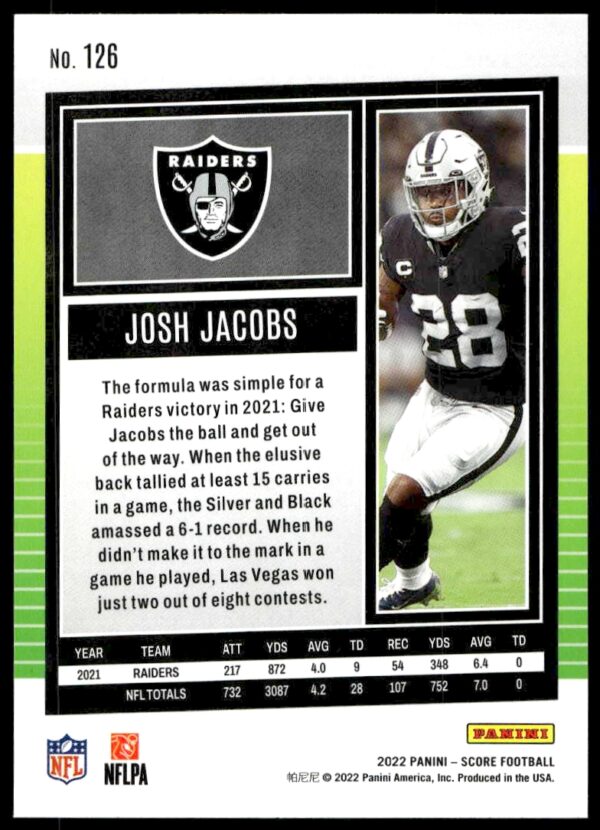 2022 Panini Score Josh Jacobs #126 (Back)