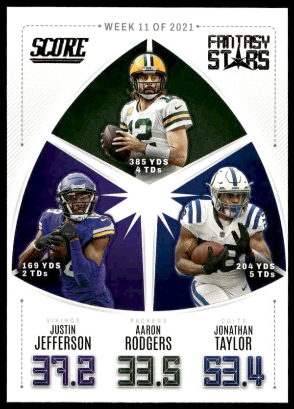 2022 Panini Score Justin Jefferson / Aaron Rodgers / Jonathan Taylor Fantasy Stars #FS11 (Front)