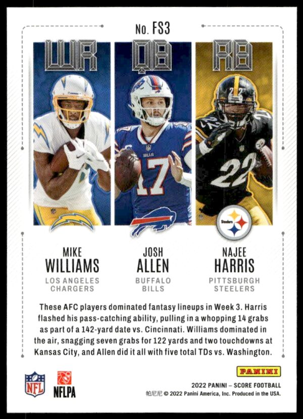 2022 Panini Score Mike Williams / Josh Allen / Najee Harris Fantasy Stars #FS3 (Back)