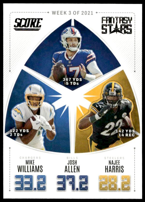 2022 Panini Score Mike Williams / Josh Allen / Najee Harris Fantasy Stars #FS3 (Front)