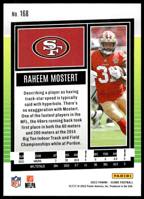 2022 Panini Score Raheem Mostert #168 (Back)