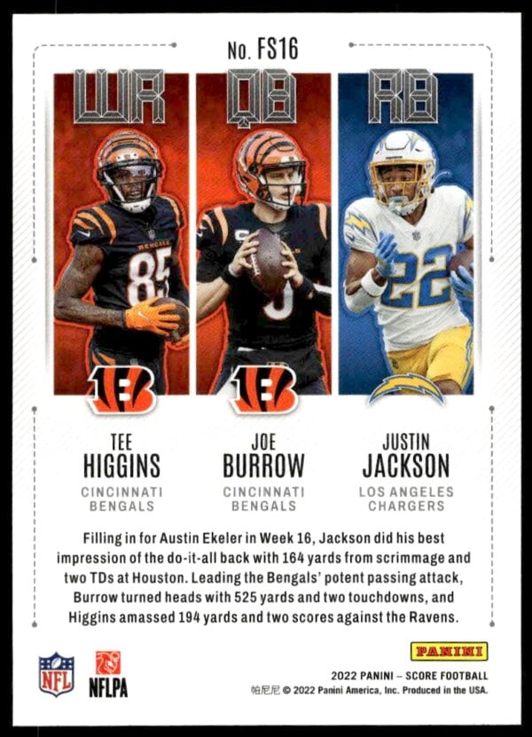 2022 Panini Score Tee Higgins / Joe Burrow / Justin Jackson Fantasy Stars #FS16 (Back)