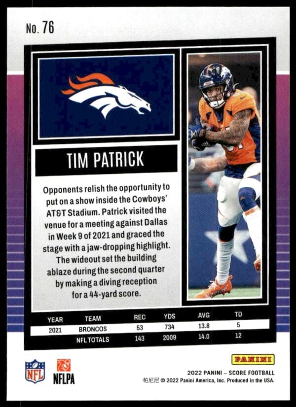 2022 Panini Score Tim Patrick #76 (Back)