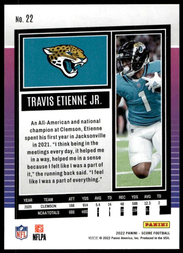 2022 Panini Score Travis Etienne Jr. #22 (Back)