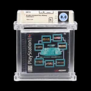 Graded PlayStation 2 Memory Card in acrylic display case, WATA score 8.0.