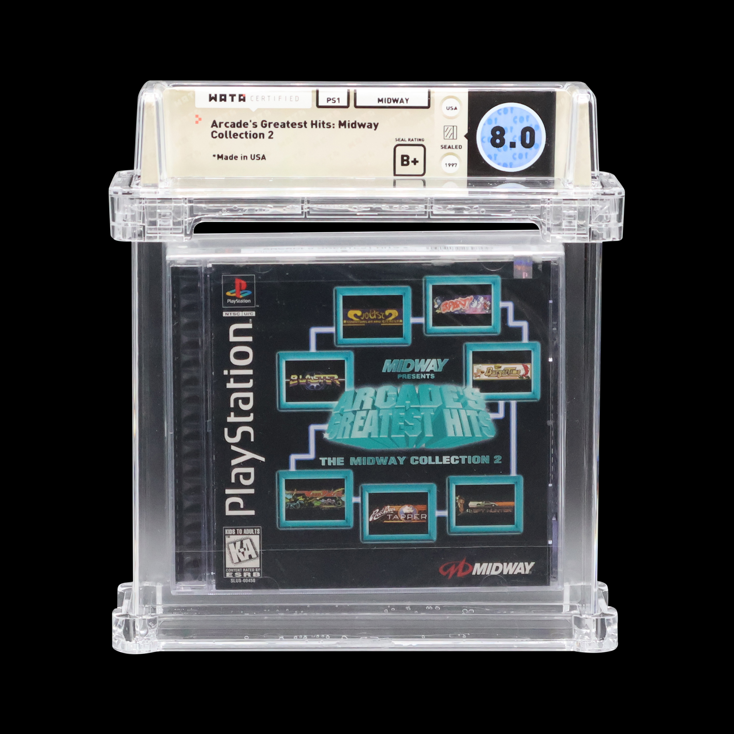 Graded PlayStation 2 Memory Card in acrylic display case, WATA score 8.0.
