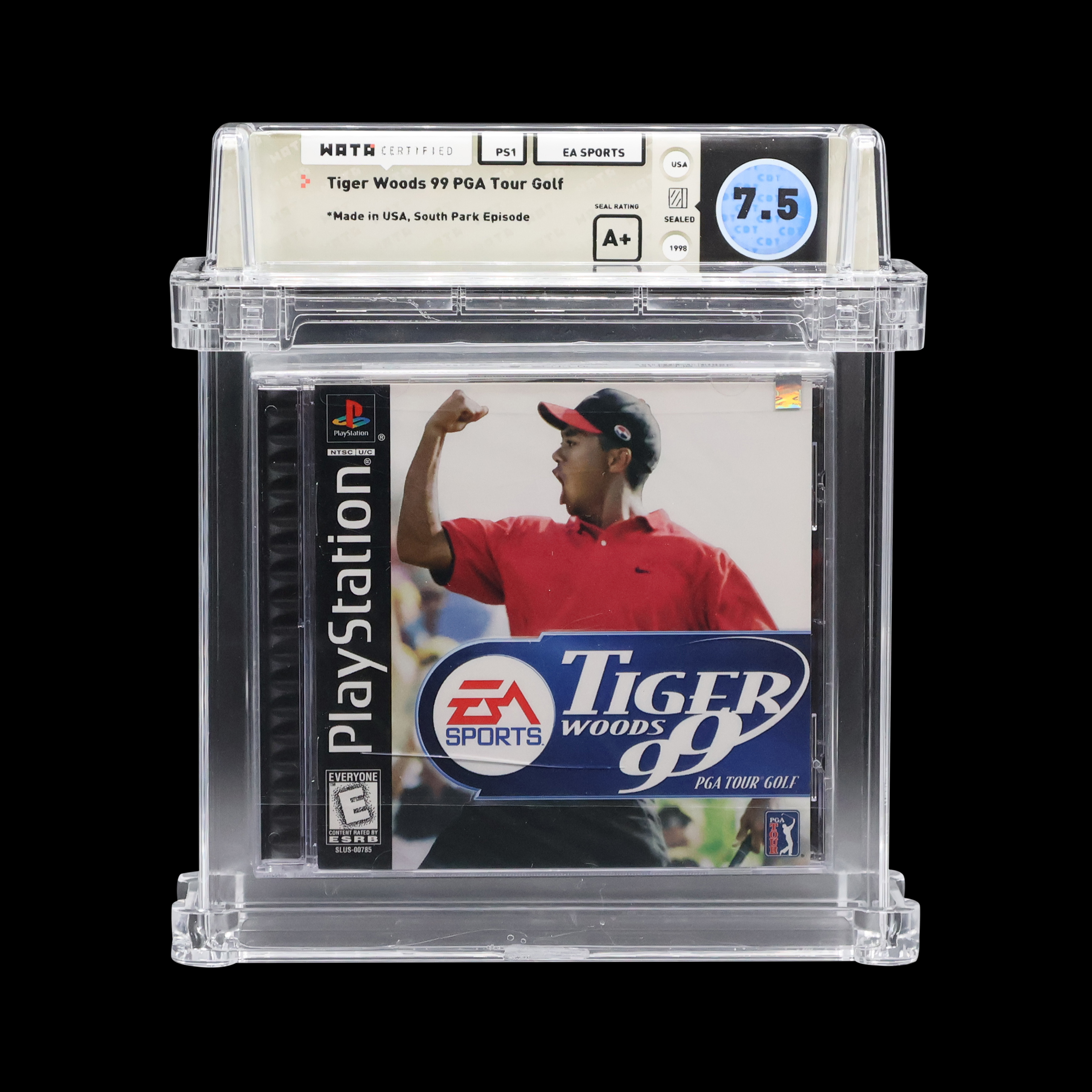 Graded Tiger Woods 99 PGA Tour PlayStation game with WATA 7.5 rating and A+ seal.
