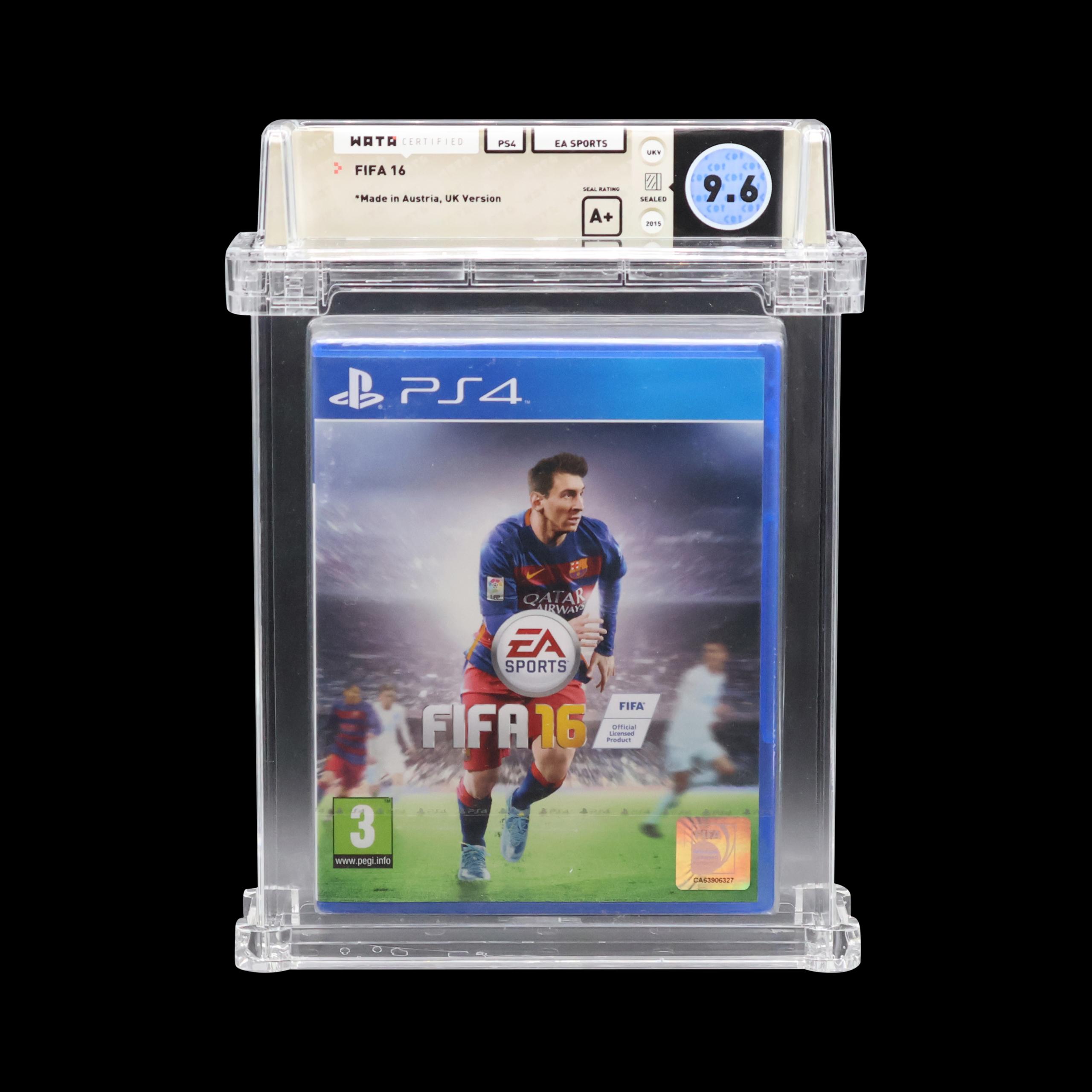 WATA-graded FIFA 16 PS4 game in near-mint condition, featuring prominent soccer player on cover.