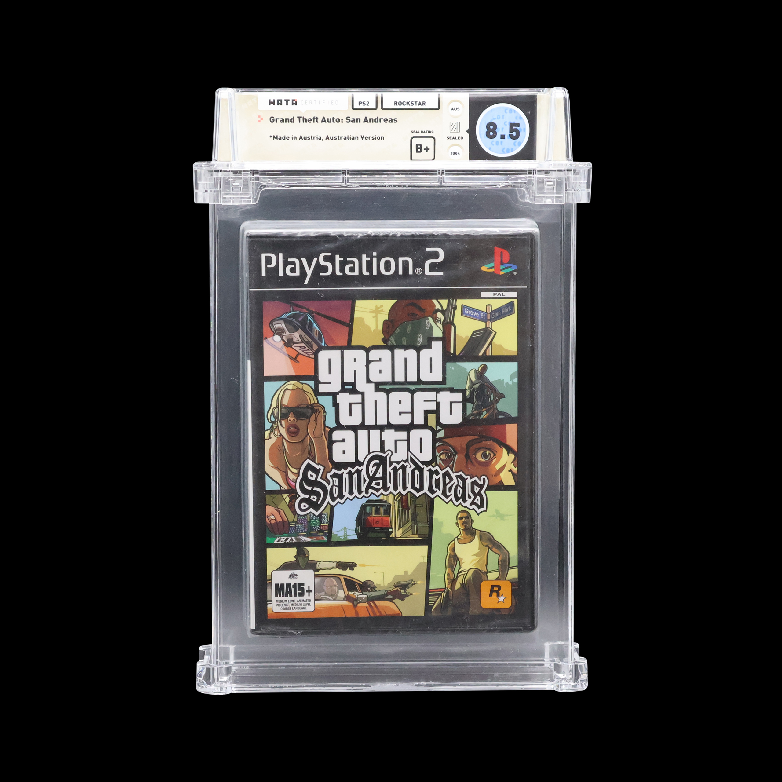 Grand Theft Auto: San Andreas PlayStation 2 game with a WATA grade of 8.5 in case.