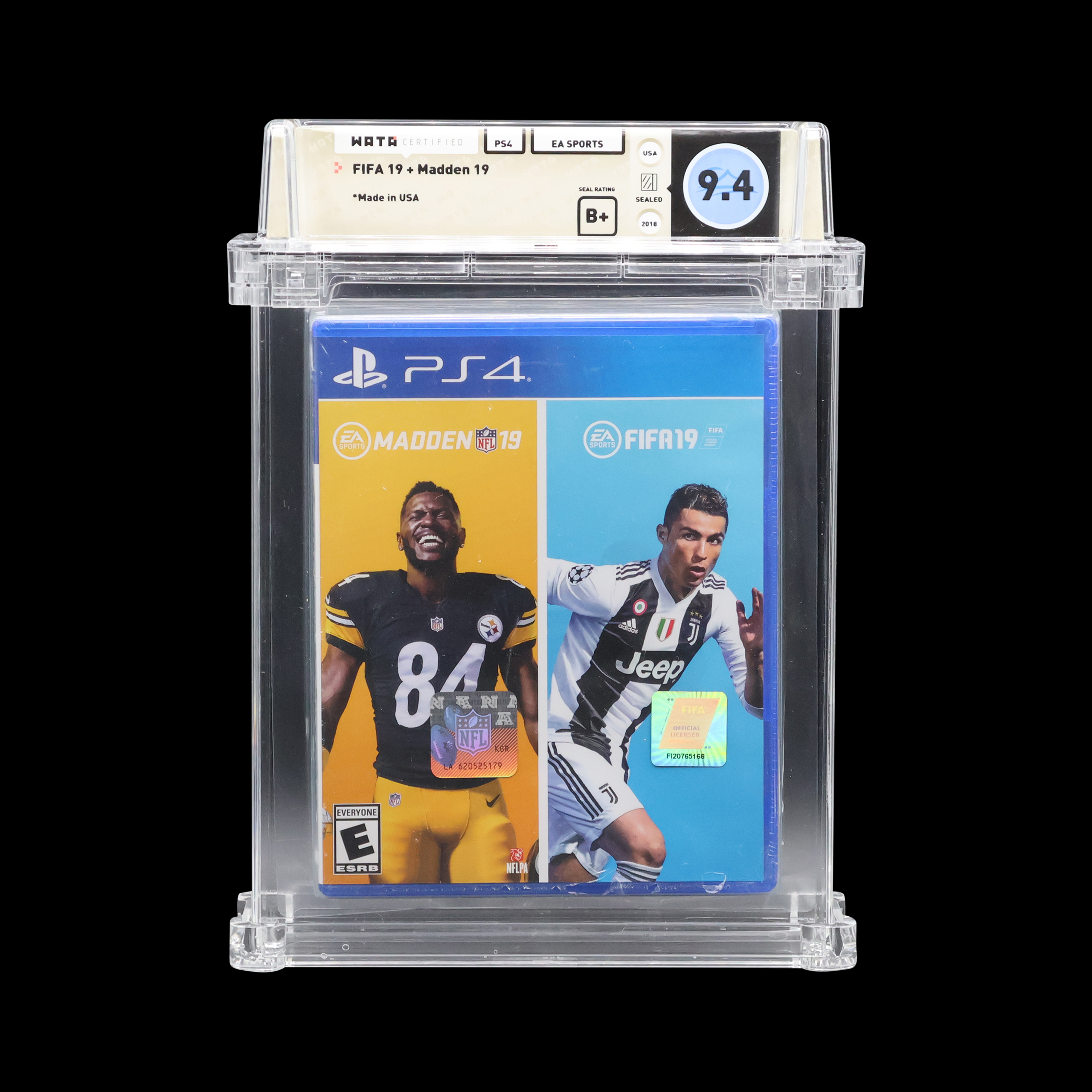 WATA-graded Madden NFL 19 case with unique soccer player cover, in near-mint condition.
