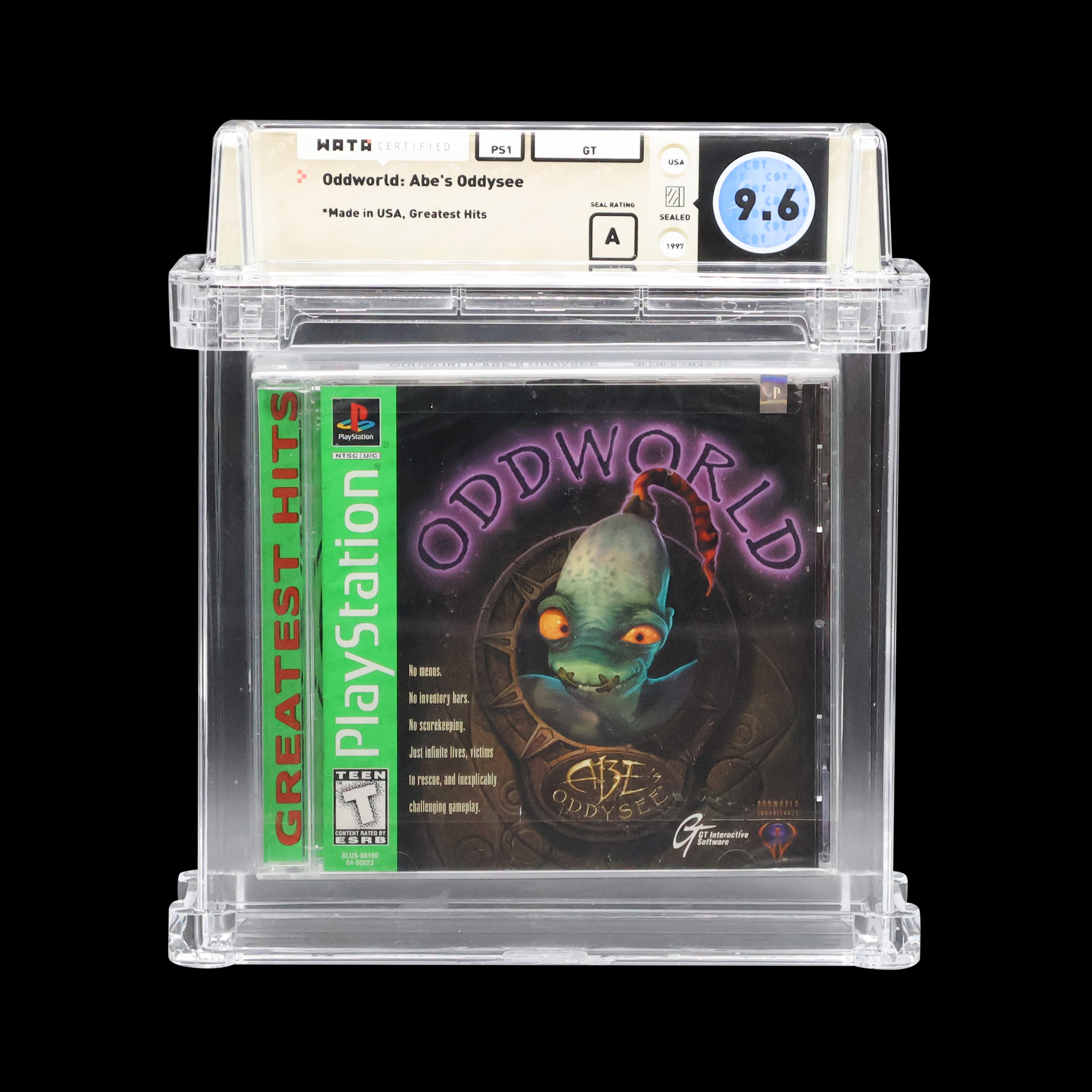 Collectible Oddworld: Abes Oddysee PlayStation game in WATA graded 9.6 sealed case.