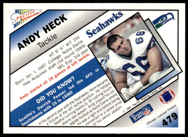 1991 Pacific Andy Heck #479 (Back)