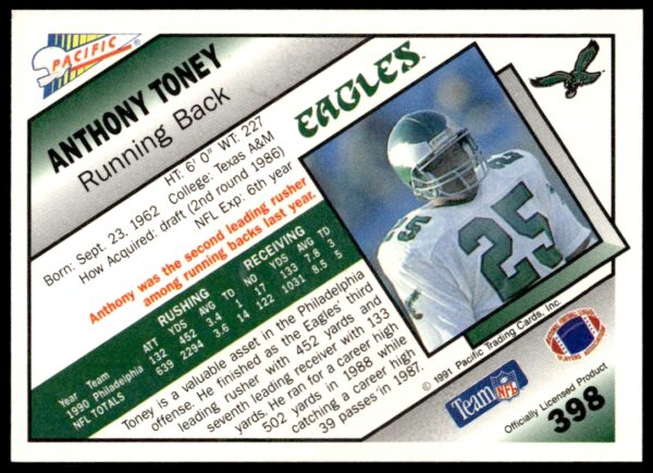 1991 Pacific Anthony Toney #398 (Back)