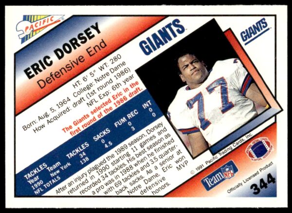 1991 Pacific Eric Dorsey #344 (Back)