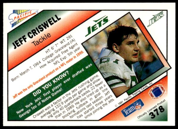 1991 Pacific Jeff Criswell #378 (Back)