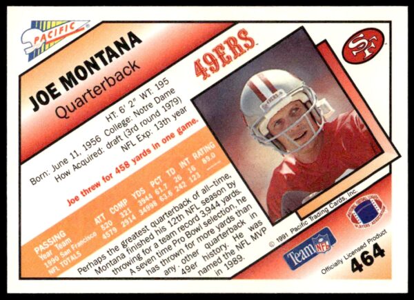 1991 Pacific Joe Montana #464 (Back)