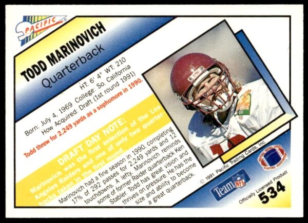 1991 Pacific Todd Marinovich #189 (Back)