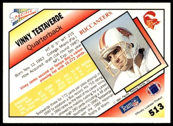 1991 Pacific Vinny Testaverde #513 (Back)