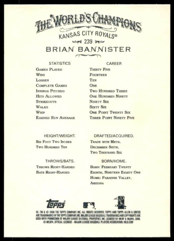 2008 Topps Allen & Ginter Brian Bannister #239 (Back)