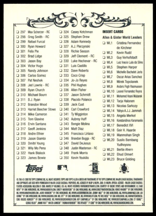 2008 Topps Allen & Ginter Checklist One of Four: 1-188 CL Checklists #1 (Back)