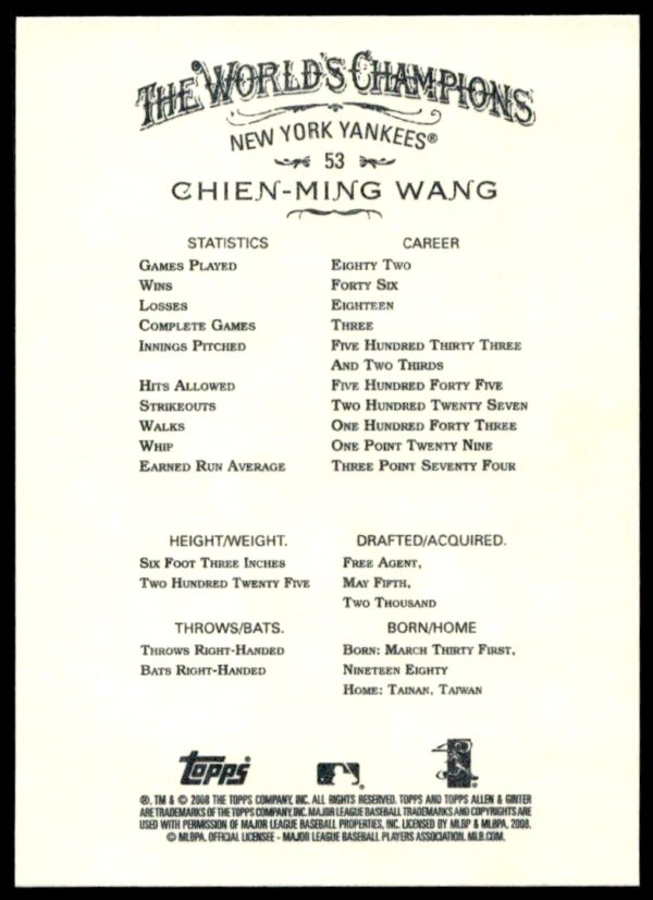 2008 Topps Allen & Ginter Chien-Ming Wang #53 (Back)