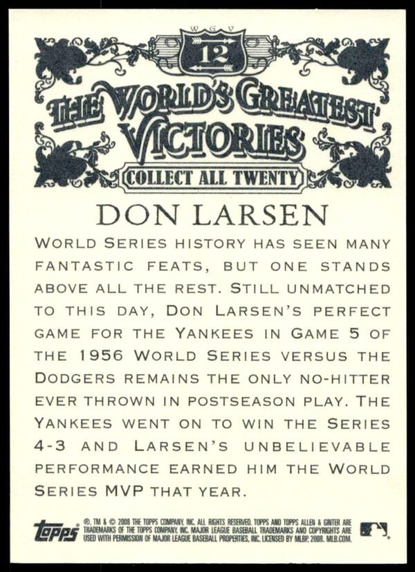 2008 Topps Allen & Ginter Don Larsen World's Greatest Victories #12 (Back)