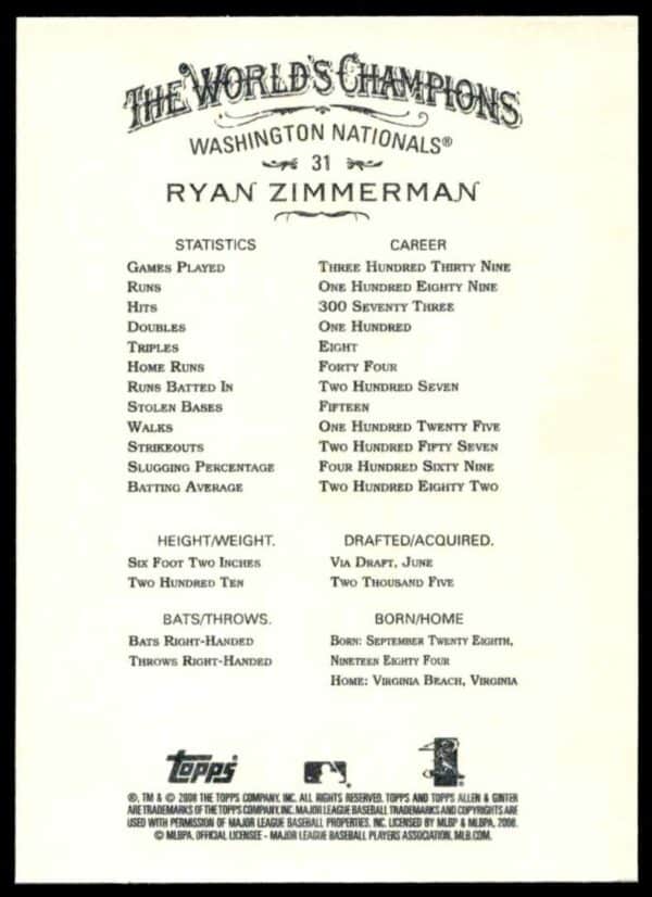 2008 Topps Allen & Ginter Ryan Zimmerman #31 (Back)