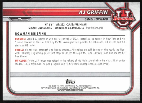 2021 Bowman University AJ Griffin #95 (Back)