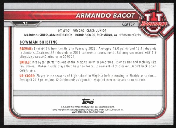 2021 Bowman University Armando Bacot #71 (Back)