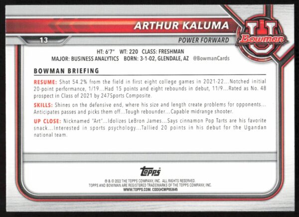 2021 Bowman University Arthur Kaluma #13 (Back)