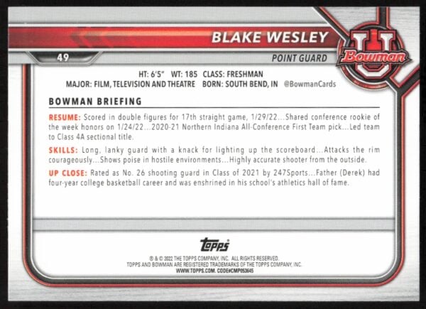 2021 Bowman University Blake Wesley #49 (Back)