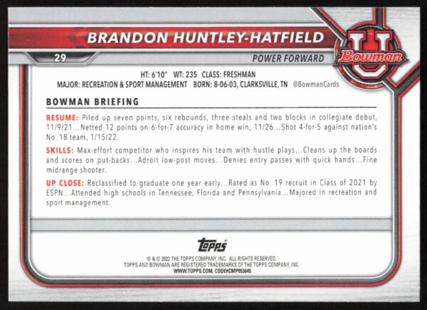 2021 Bowman University Brandon Huntley-Hatfield #29 (Back)