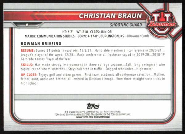 2021 Bowman University Christian Braun #6 (Back)