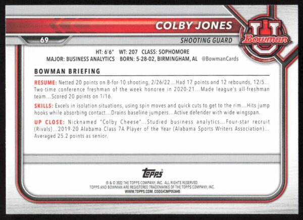 2021 Bowman University Colby Jones #69 (Back)