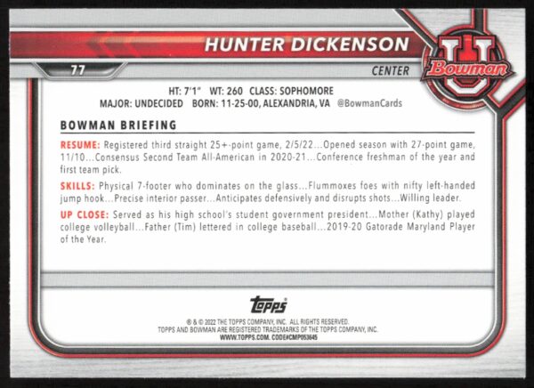 2021 Bowman University Hunter Dickenson #77 (Back)