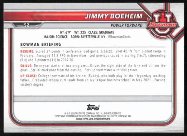 2021 Bowman University Jimmy Boeheim #52 (Back)