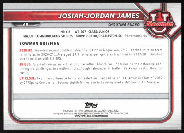 2021 Bowman University Josiah-Jordan James #68 (Back)