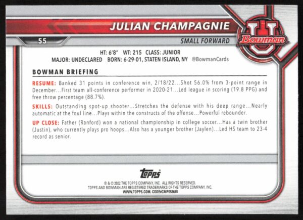 2021 Bowman University Julian Champagnie #55 (Back)