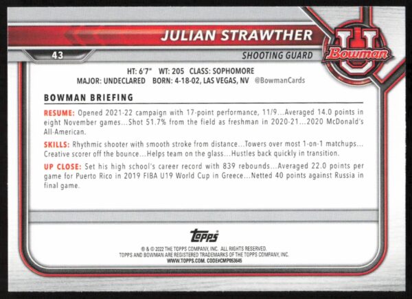 2021 Bowman University Julian Strawther #43 (Back)