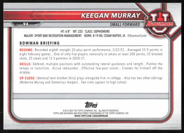 2021 Bowman University Keegan Murray #94 (Back)